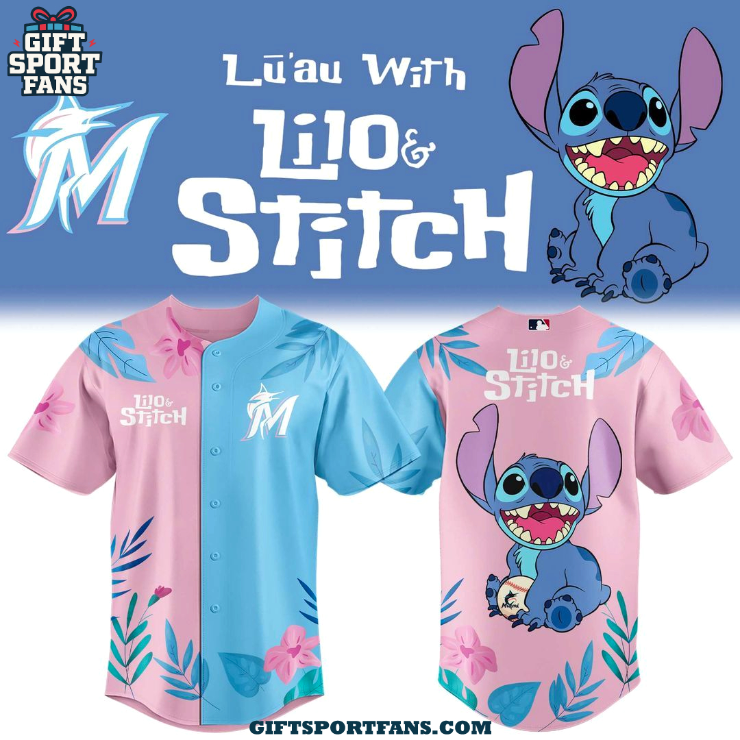 Miami Marlins x Lilo & Stitch 2025 For Fans Pink Blue Jersey Miami Marlins x Lilo & Stitch 2025 For Fans Pink Blue Jersey